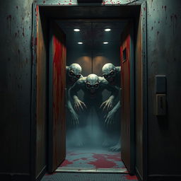 A terrifying old elevator covered in splatters of dark red blood, with eerie shadows lurking in the corners