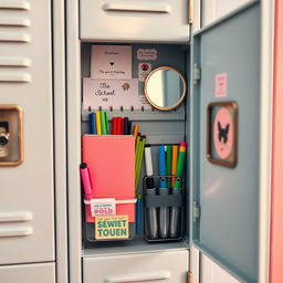 A zoomed-in view of a beautifully designed aesthetic school locker door, showcasing an array of school supplies attached to the inside