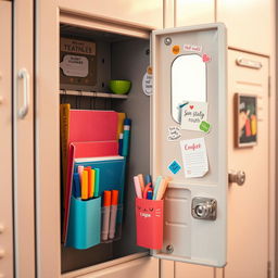 A zoomed-in view of a beautifully designed aesthetic school locker door, showcasing an array of school supplies attached to the inside
