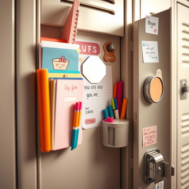 A zoomed-in view of a beautifully designed aesthetic school locker door, showcasing an array of school supplies attached to the inside