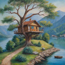 Una pintura al óleo de una casa de madera en un árbol frondoso, con un fondo montañoso y prados verdes con árboles y al fondo un lago y un riachuelo en frente de la casa del árbol