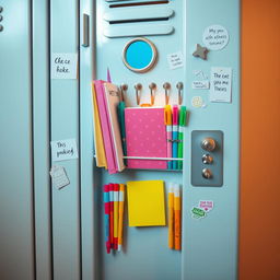 A zoomed-in view of a beautifully designed aesthetic school locker door, showcasing an array of school supplies attached to the inside