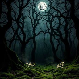 A hauntingly beautiful gothic forest bathed in the luminous light of a bright, full moon
