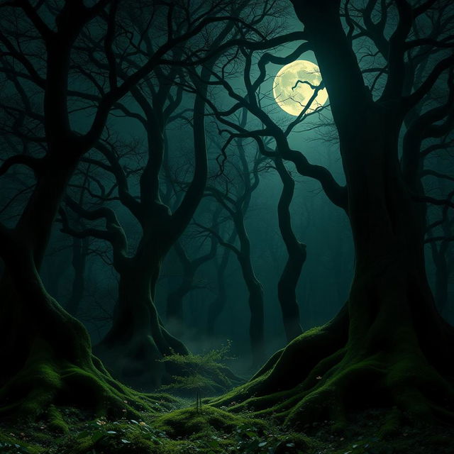 A hauntingly beautiful gothic forest bathed in the luminous light of a bright, full moon