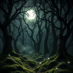 A hauntingly beautiful gothic forest bathed in the luminous light of a bright, full moon