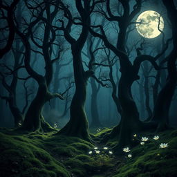 A hauntingly beautiful gothic forest bathed in the luminous light of a bright, full moon
