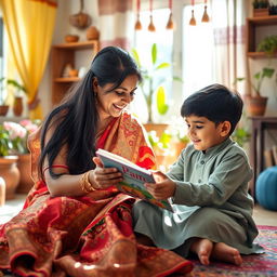 A warm and loving scene of an Indian mother and her son in their cozy home, sitting together in a brightly decorated living room filled with traditional Indian decor