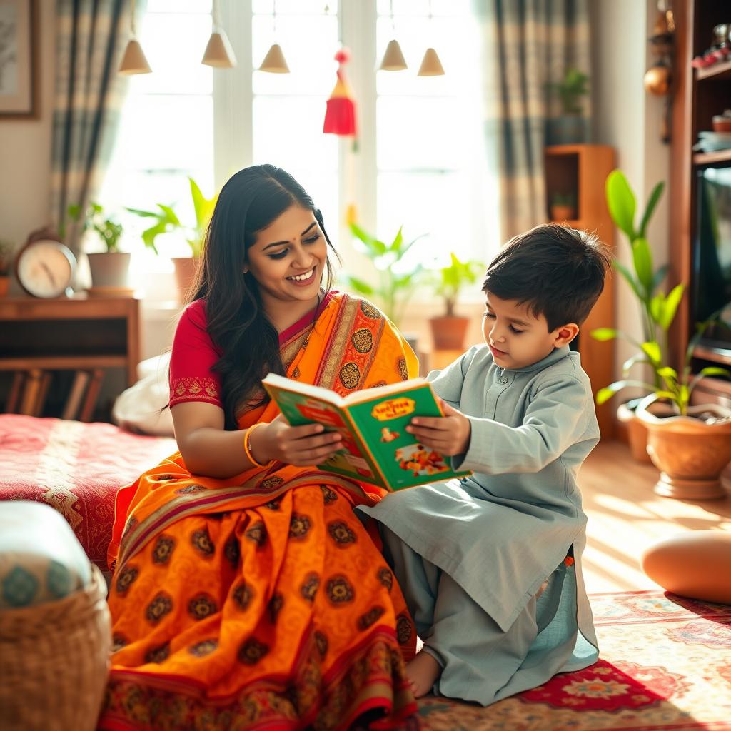 A warm and loving scene of an Indian mother and her son in their cozy home, sitting together in a brightly decorated living room filled with traditional Indian decor