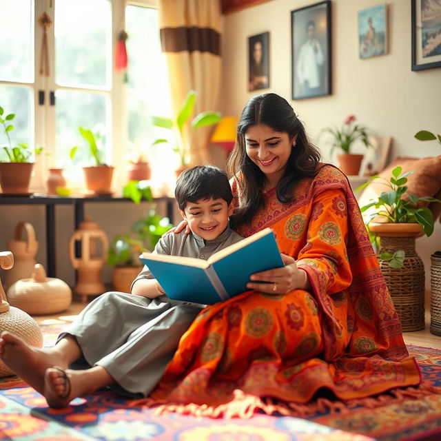 A warm and loving scene of an Indian mother and her son in their cozy home, sitting together in a brightly decorated living room filled with traditional Indian decor