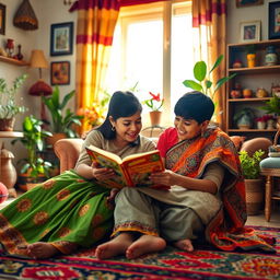 A warm and loving scene of an Indian mother and her son in their cozy home, sitting together in a brightly decorated living room filled with traditional Indian decor