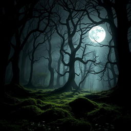 A striking gothic forest illuminated by the bright, enchanting light of a full moon