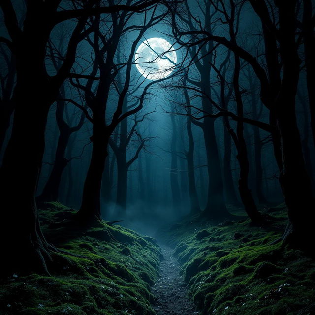 A striking gothic forest illuminated by the bright, enchanting light of a full moon