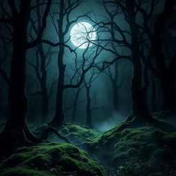 A striking gothic forest illuminated by the bright, enchanting light of a full moon