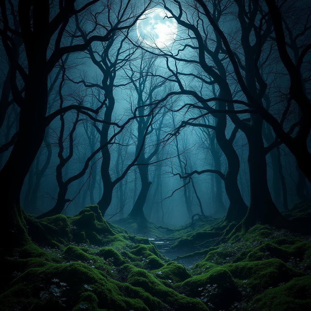 A striking gothic forest illuminated by the bright, enchanting light of a full moon