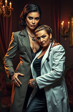 A dramatic scene depicting a mafia queen with a powerful and commanding presence, dressed in a stylish, luxurious outfit