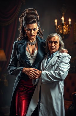 A dramatic scene depicting a mafia queen with a powerful and commanding presence, dressed in a stylish, luxurious outfit