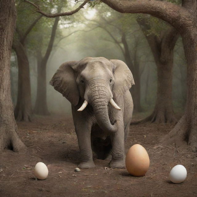 A whimsical scene of an elephant laying an egg, portraying a surprising, fantasy-like atmosphere.