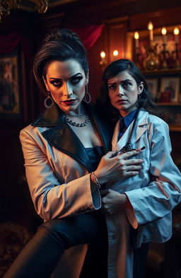 A dramatic scene depicting a mafia queen with a powerful and commanding presence, dressed in a stylish, luxurious outfit
