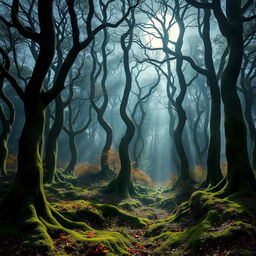 An enchanting gothic forest bathed in the soft, radiant light of a bright, full moon