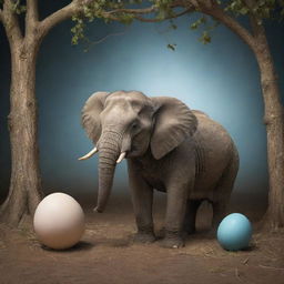 A whimsical scene of an elephant laying an egg, portraying a surprising, fantasy-like atmosphere.