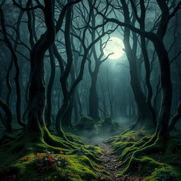 An enchanting gothic forest bathed in the soft, radiant light of a bright, full moon