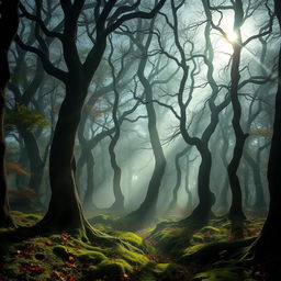 An enchanting gothic forest bathed in the soft, radiant light of a bright, full moon