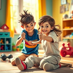 A captivating scene featuring a girl playfully holding a rope, which is tied around a boy seated on the floor