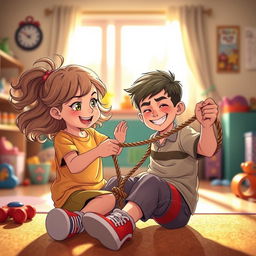 A captivating scene featuring a girl playfully holding a rope, which is tied around a boy seated on the floor