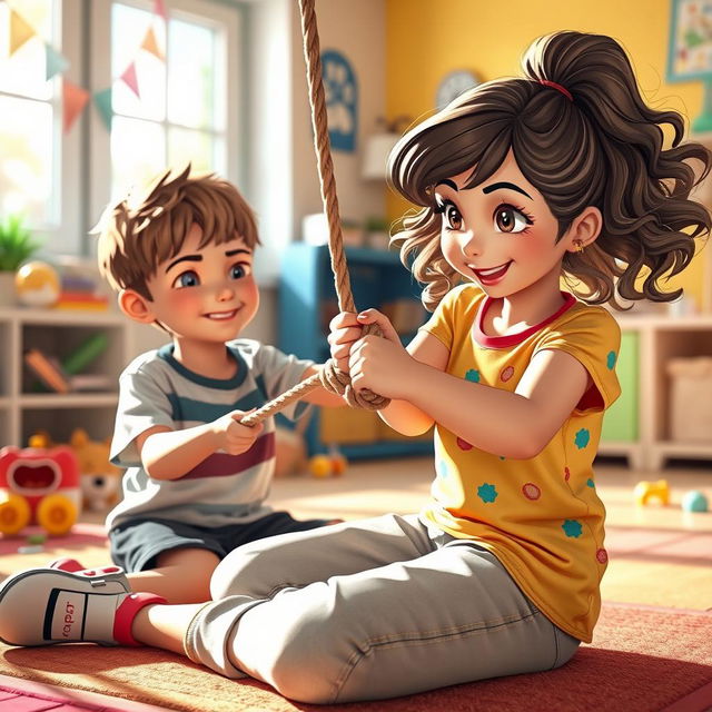 A captivating scene featuring a girl playfully holding a rope, which is tied around a boy seated on the floor