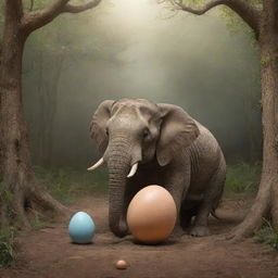 A whimsical scene of an elephant laying an egg, portraying a surprising, fantasy-like atmosphere.