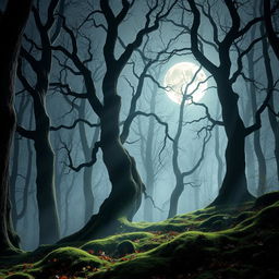 A mystical gothic forest illuminated by the brilliant light of a full moon