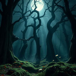 A mystical gothic forest illuminated by the brilliant light of a full moon