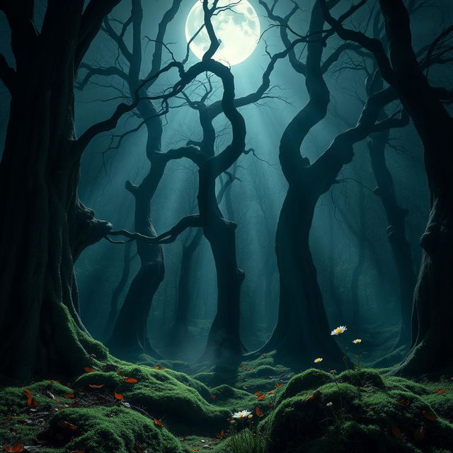 A mystical gothic forest illuminated by the brilliant light of a full moon
