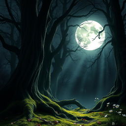 A mystical gothic forest illuminated by the brilliant light of a full moon