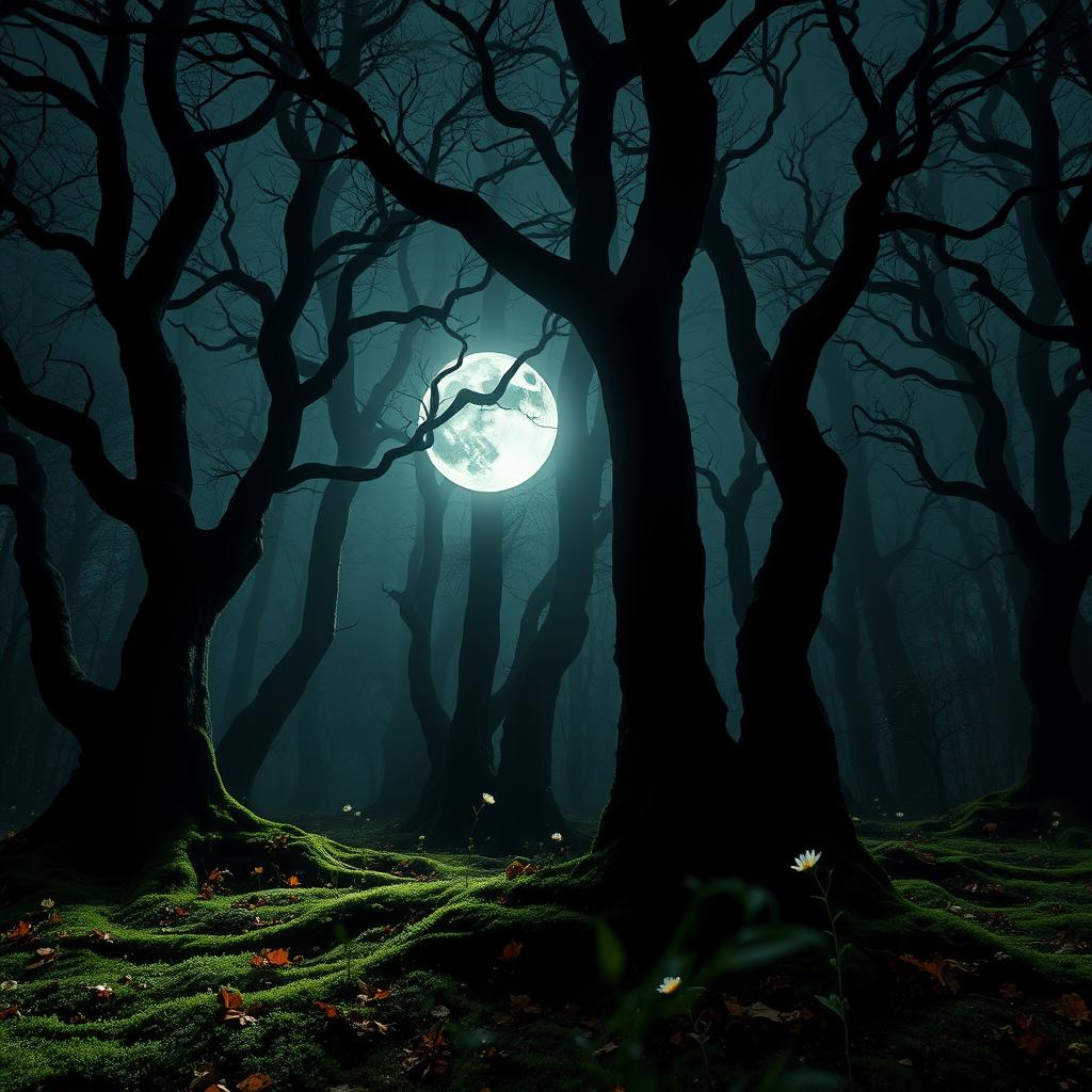 A mystical gothic forest illuminated by the brilliant light of a full moon