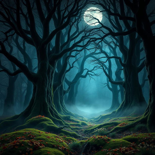 A captivating gothic forest illuminated by the bright, full moon