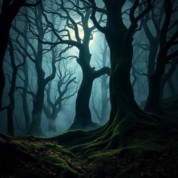 A captivating gothic forest illuminated by the bright, full moon