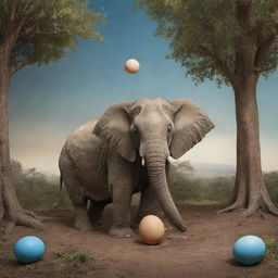 A whimsical scene of an elephant laying an egg, portraying a surprising, fantasy-like atmosphere.