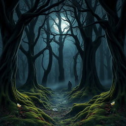 A captivating gothic forest illuminated by the bright, full moon