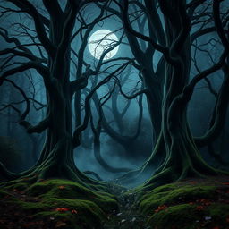 A captivating gothic forest illuminated by the bright, full moon