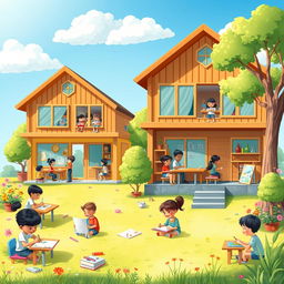 A vibrant and creative illustration of schoolrooms set outdoors, featuring a sunny, inviting day