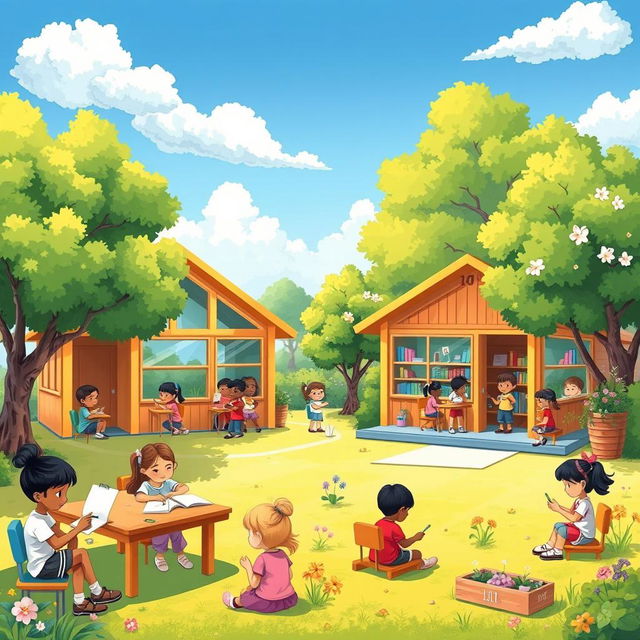 A vibrant and creative illustration of schoolrooms set outdoors, featuring a sunny, inviting day