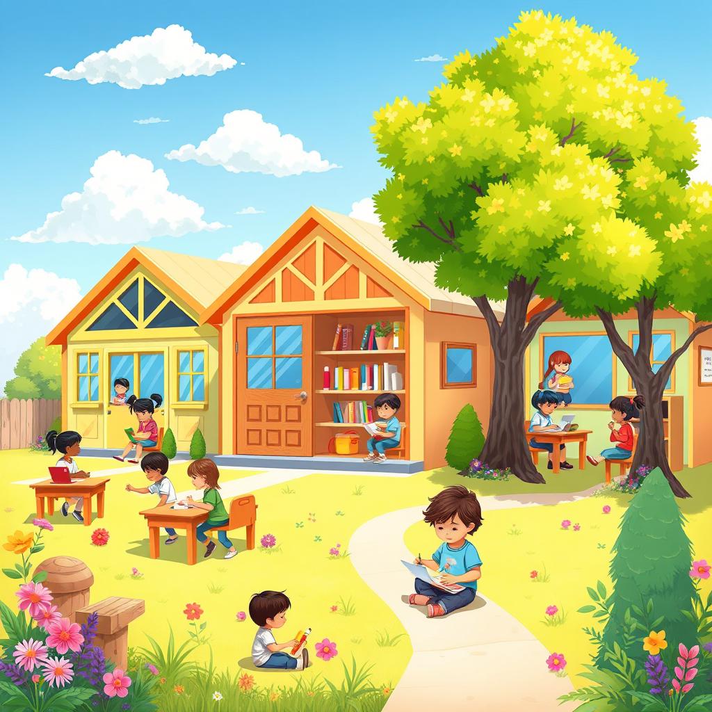 A vibrant and creative illustration of schoolrooms set outdoors, featuring a sunny, inviting day