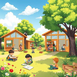 A vibrant and creative illustration of schoolrooms set outdoors, featuring a sunny, inviting day