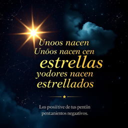 A captivating book cover design for a title 'Unos nacen con estrellas y otros nacen estrellados' with the subtitle 'Lo positivo de tus pensamientos negativos'