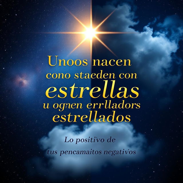 A captivating book cover design for a title 'Unos nacen con estrellas y otros nacen estrellados' with the subtitle 'Lo positivo de tus pensamientos negativos'