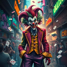 A stylized depiction of a joker as a persona navigating through chaos