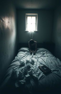 A hauntingly beautiful scene depicting sadness behind the walls of a bedroom