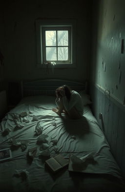 A hauntingly beautiful scene depicting sadness behind the walls of a bedroom