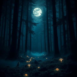 A haunting forest at night, shrouded in mystery, with tall, dark trees casting elongated shadows under a silvery full moon